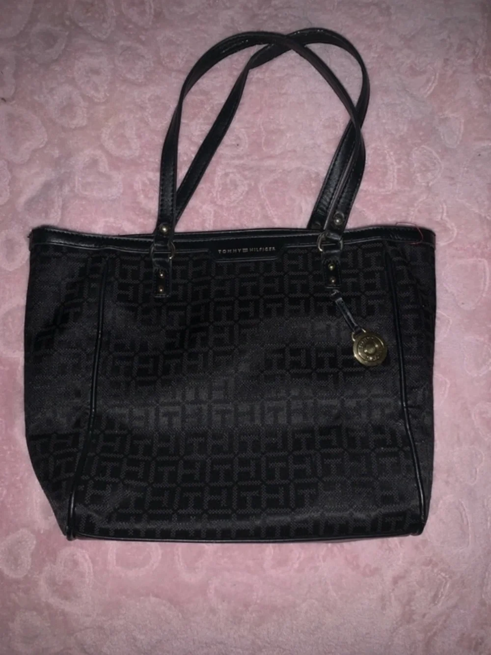 Tommy Hilfiger Black Monogram Tote with Gold Charm